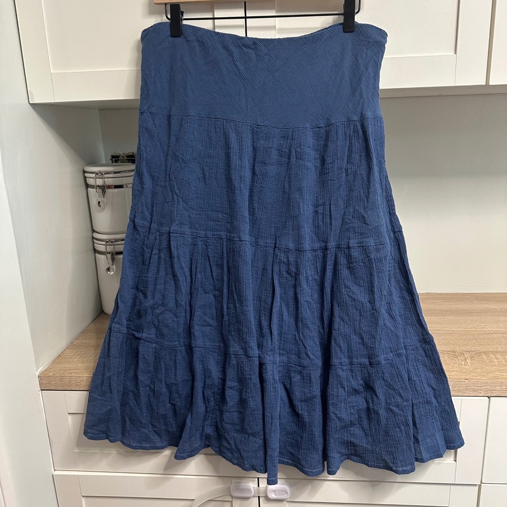 Chaps Skirt Women Petite L Blue Tiered Cotton Gauze Midi Pull On Lined Tradwife